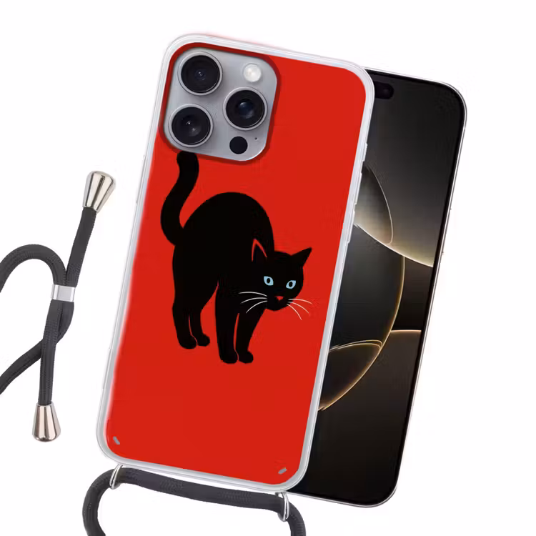 Kat - Zwart - Staart Hoesje iPhone 16 Pro Max met koord klein -sfeer1