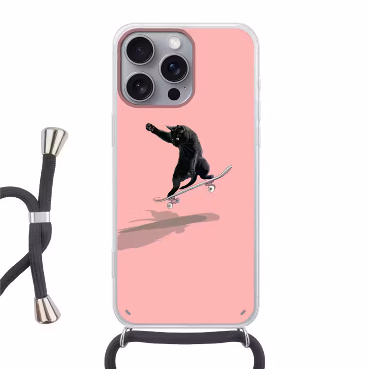 Kat - Skateboard - Roze Hoesje iPhone 16 Pro Max met koord klein -3d