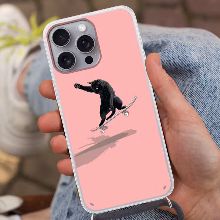 Kat - Skateboard - Roze Hoesje iPhone 16 Pro Max met koord klein -sfeer3