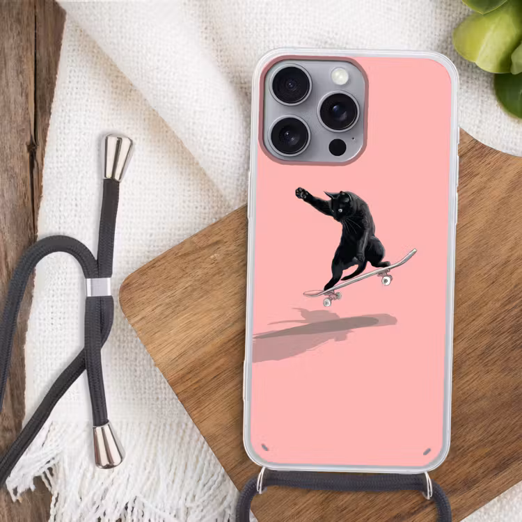 Kat - Skateboard - Roze Hoesje iPhone 16 Pro Max met koord klein -sfeer4