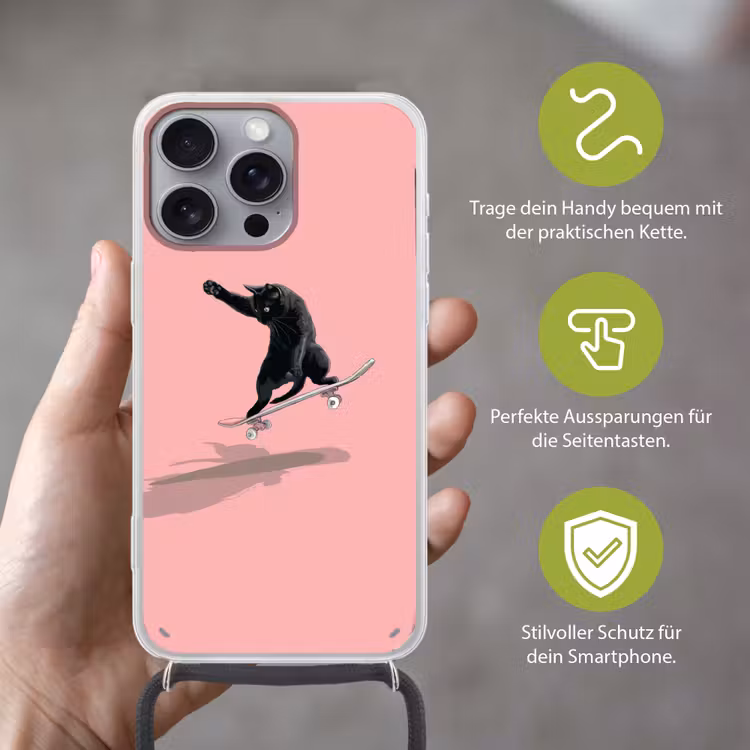 Kat - Skateboard - Roze Hoesje iPhone 16 Pro Max met koord klein -sfeer2_DE