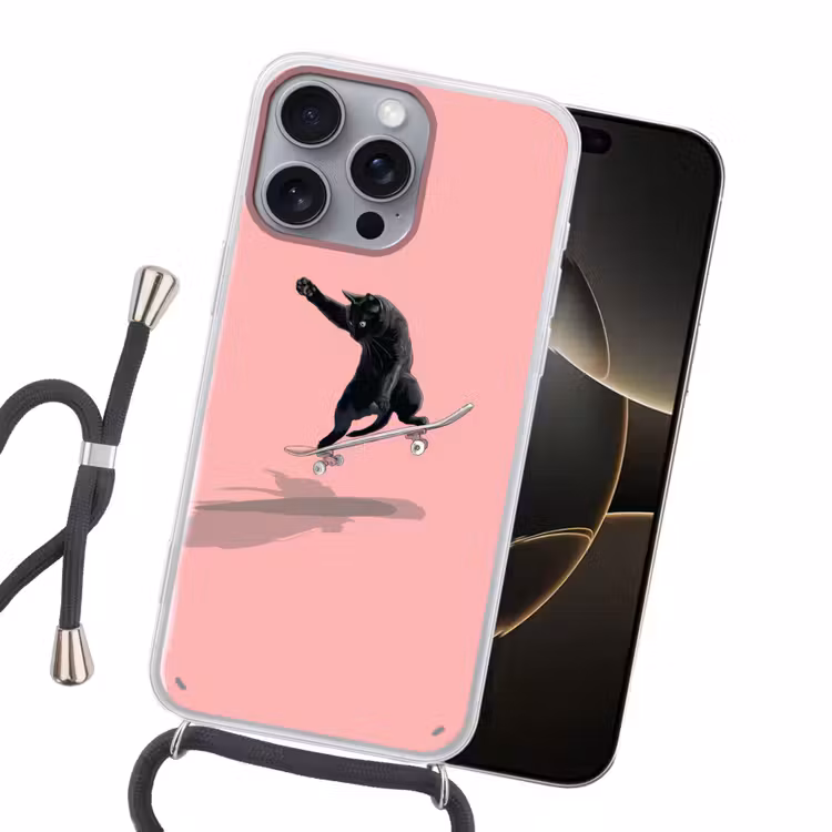 Kat - Skateboard - Roze Hoesje iPhone 16 Pro Max met koord klein -sfeer1