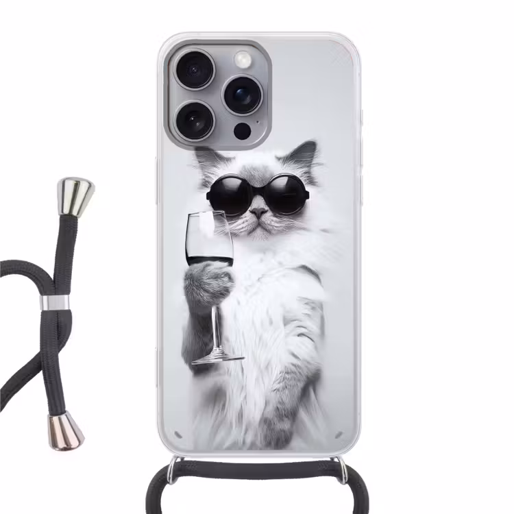 Kat - Zonnebril - Wijnglas - Langharig Hoesje iPhone 16 Pro Max met koord klein -3d