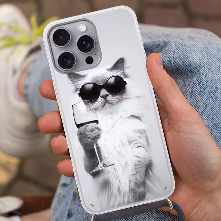 Kat - Zonnebril - Wijnglas - Langharig Hoesje iPhone 16 Pro Max met koord klein -sfeer3