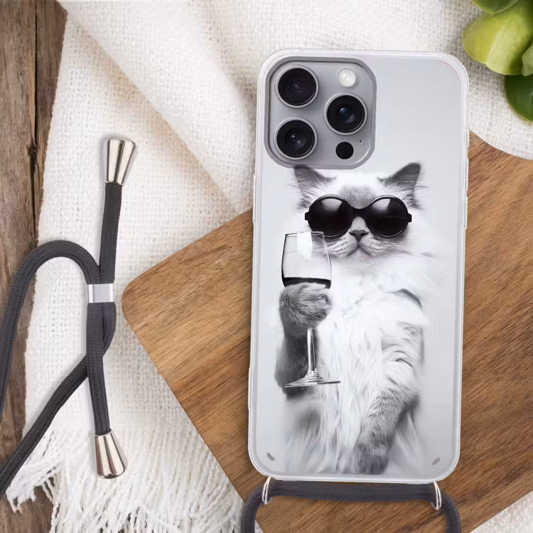 Kat - Zonnebril - Wijnglas - Langharig Hoesje iPhone 16 Pro Max met koord klein -sfeer4