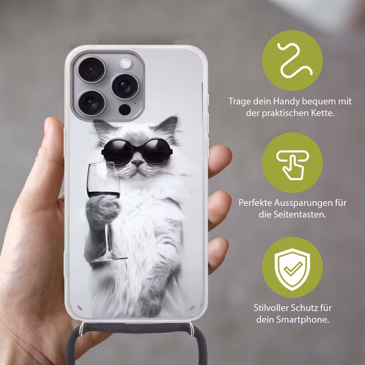 Kat - Zonnebril - Wijnglas - Langharig Hoesje iPhone 16 Pro Max met koord klein -sfeer2_DE