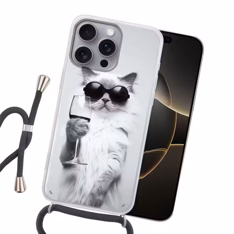 Kat - Zonnebril - Wijnglas - Langharig Hoesje iPhone 16 Pro Max met koord klein -sfeer1