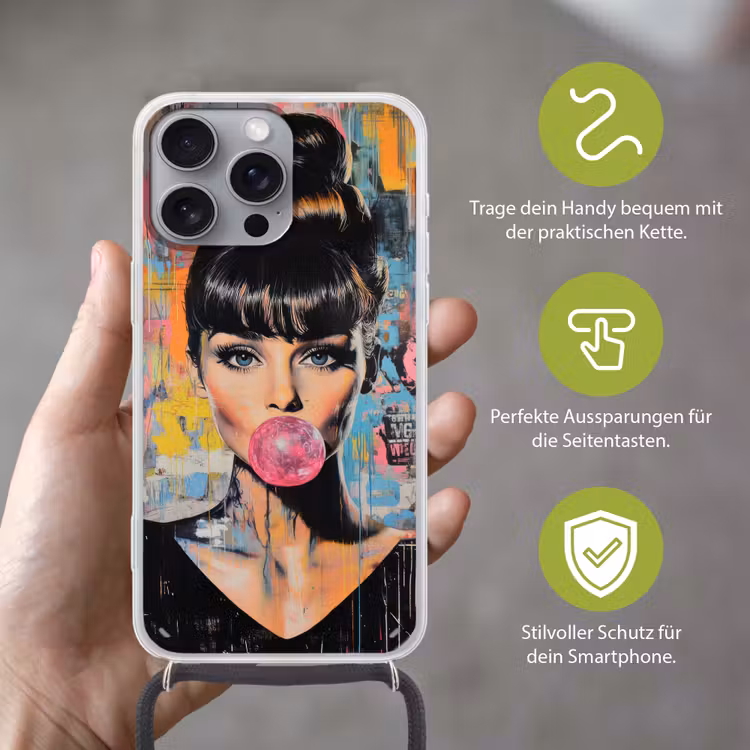 Kauwgom - Vrouw - Penseelstreken - Modern Hoesje iPhone 16 Pro Max met koord klein -sfeer2_DE