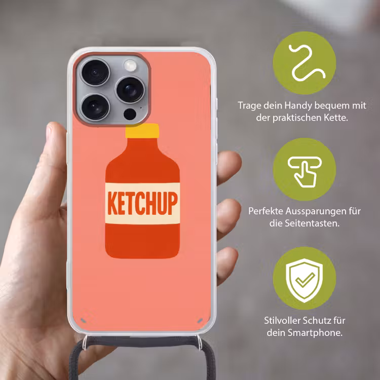 Ketchup - Fles - Rood - Minimalistisch Hoesje iPhone 16 Pro Max met koord klein -sfeer2_DE
