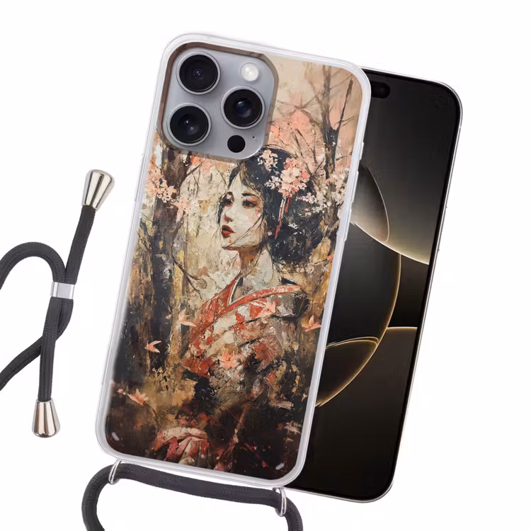 Kimono - Vrouw - kersenbomen Hoesje iPhone 16 Pro Max met koord klein -sfeer1