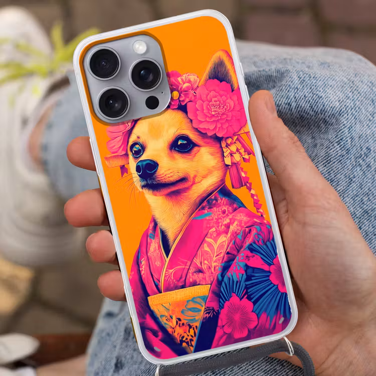 Kimono - Hondje - Bloemenkroon - Oranje Hoesje iPhone 16 Pro Max met koord klein -sfeer3