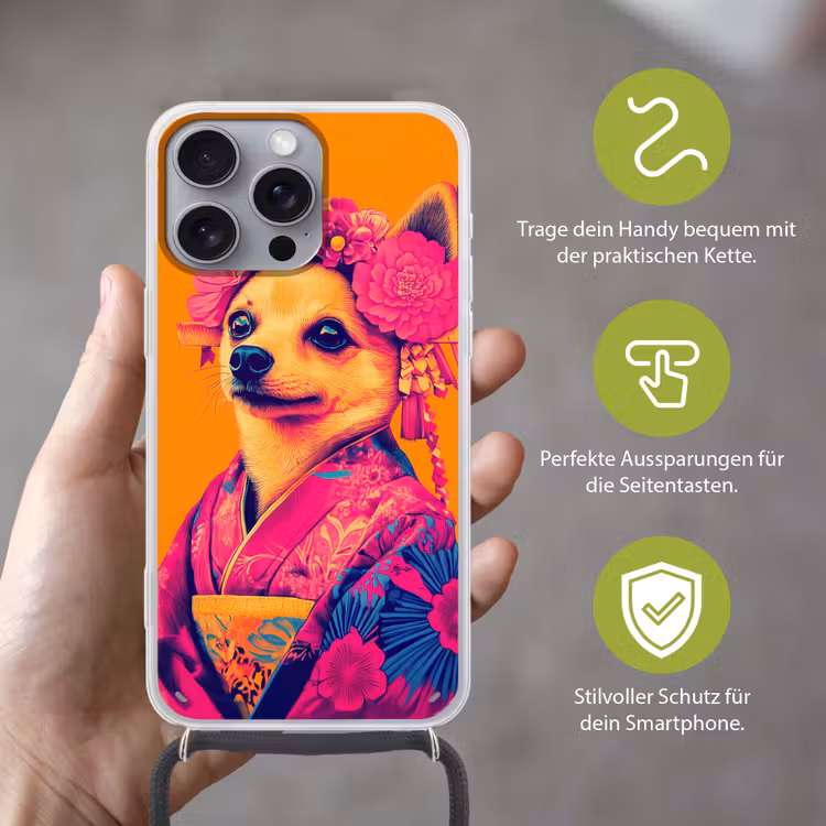 Kimono - Hondje - Bloemenkroon - Oranje Hoesje iPhone 16 Pro Max met koord klein -sfeer2_DE