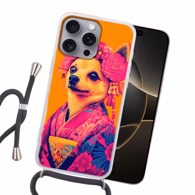 Kimono - Hondje - Bloemenkroon - Oranje Hoesje iPhone 16 Pro Max met koord klein -sfeer1