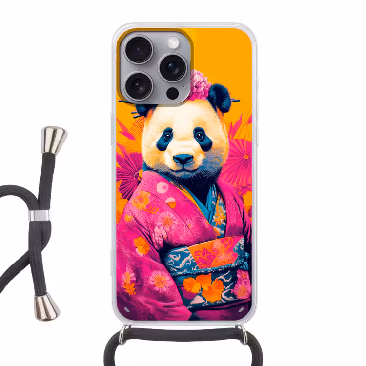 Kimono - Roze - Panda - Bloemenkroon Hoesje iPhone 16 Pro Max met koord klein -3d