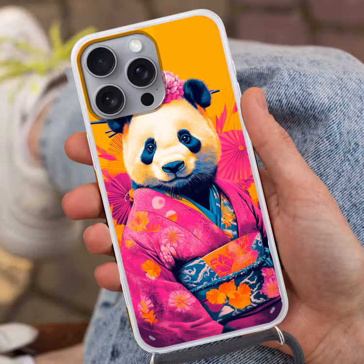Kimono - Roze - Panda - Bloemenkroon Hoesje iPhone 16 Pro Max met koord klein -sfeer3