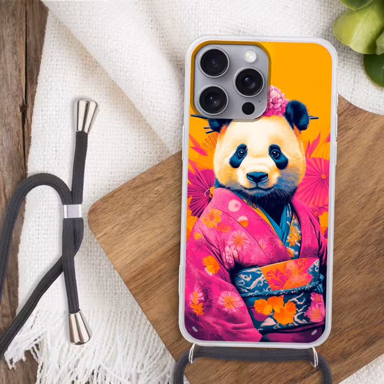 Kimono - Roze - Panda - Bloemenkroon Hoesje iPhone 16 Pro Max met koord klein -sfeer4