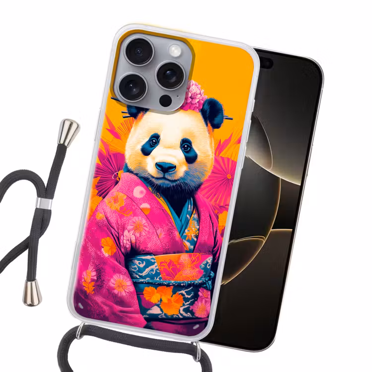 Kimono - Roze - Panda - Bloemenkroon Hoesje iPhone 16 Pro Max met koord klein -sfeer1