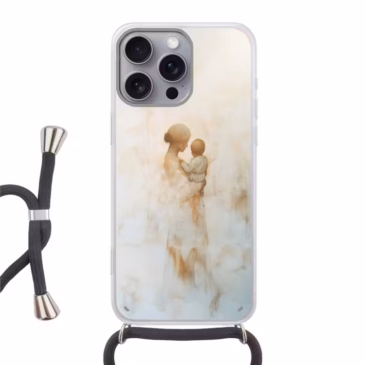 Kind - Moeder - Waterverfschilderij Hoesje iPhone 16 Pro Max met koord klein -3d