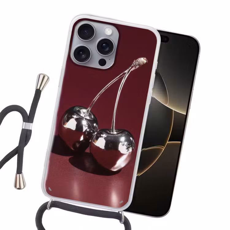 Kersen - Glanzend - Bordeaux Hoesje iPhone 16 Pro Max met koord klein -sfeer1