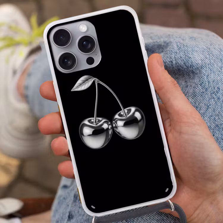 Kers - Luxueus - Metallic Hoesje iPhone 16 Pro Max met koord klein -sfeer3
