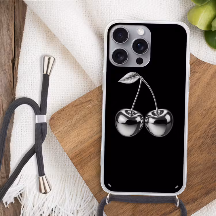 Kers - Luxueus - Metallic Hoesje iPhone 16 Pro Max met koord klein -sfeer4