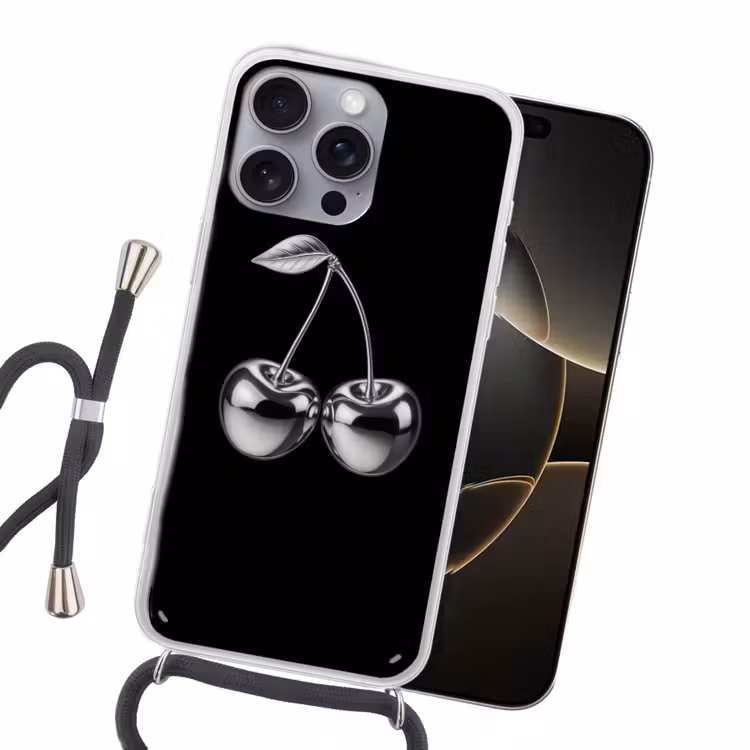 Kers - Luxueus - Metallic Hoesje iPhone 16 Pro Max met koord klein -sfeer1