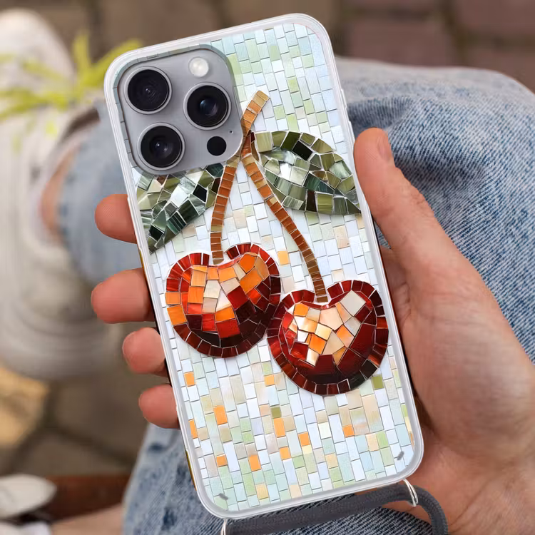 Kersen - Rood - Mozaïek - Blaadjes Hoesje iPhone 16 Pro Max met koord klein -sfeer3