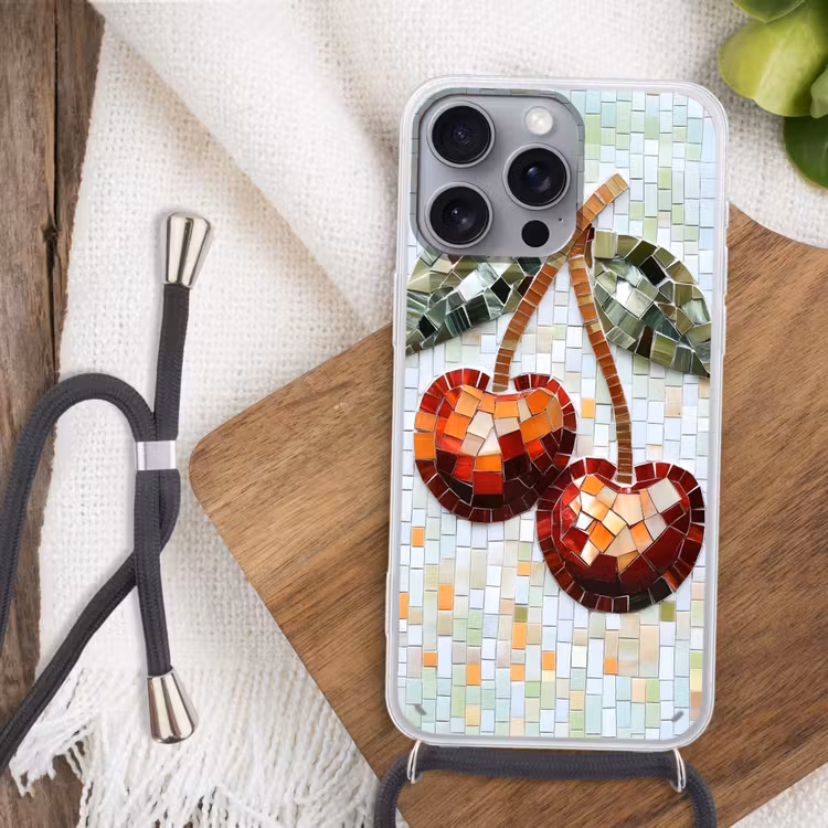 Kersen - Rood - Mozaïek - Blaadjes Hoesje iPhone 16 Pro Max met koord klein -sfeer4