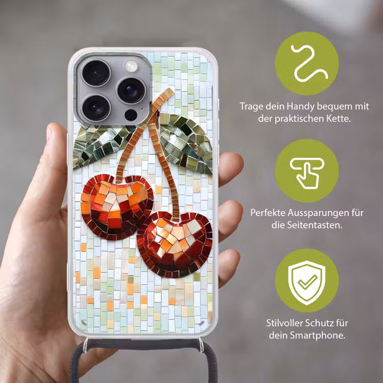 Kersen - Rood - Mozaïek - Blaadjes Hoesje iPhone 16 Pro Max met koord klein -sfeer2_DE