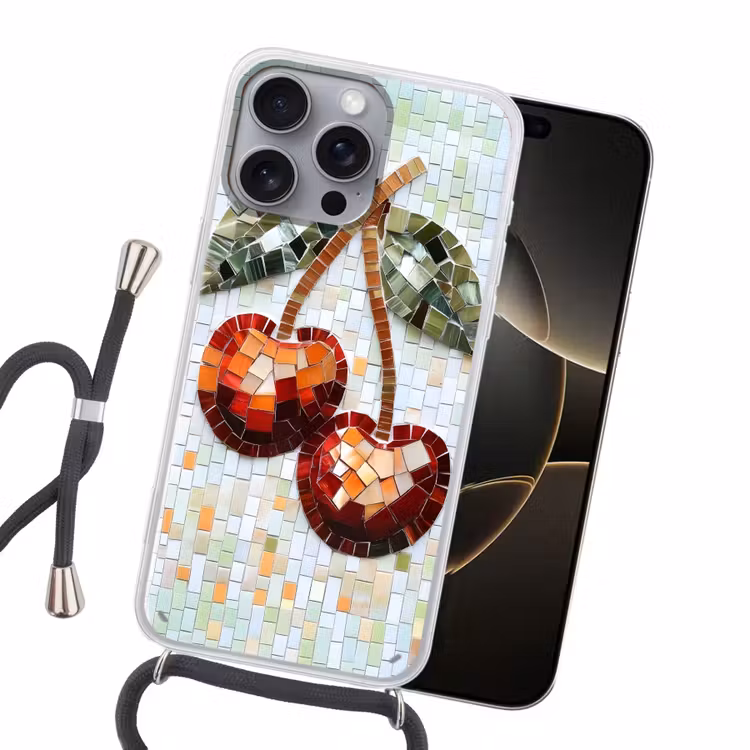 Kersen - Rood - Mozaïek - Blaadjes Hoesje iPhone 16 Pro Max met koord klein -sfeer1