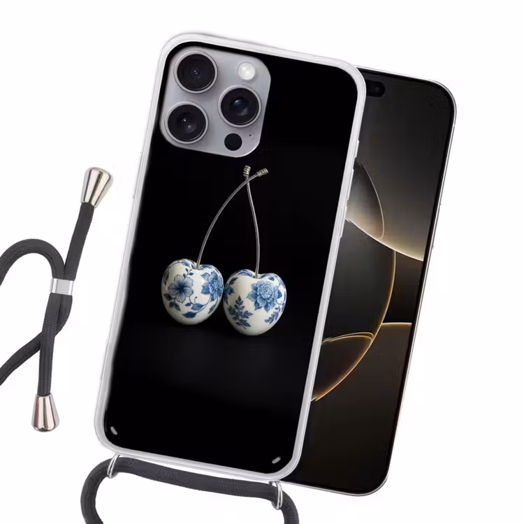 Kersen - Delfts blauw - Fruit Hoesje iPhone 16 Pro Max met koord klein -sfeer1