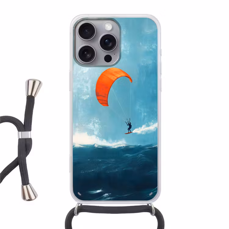 Kitesurfer - Oranje - Zee - Lucht Hoesje iPhone 16 Pro Max met koord klein -3d