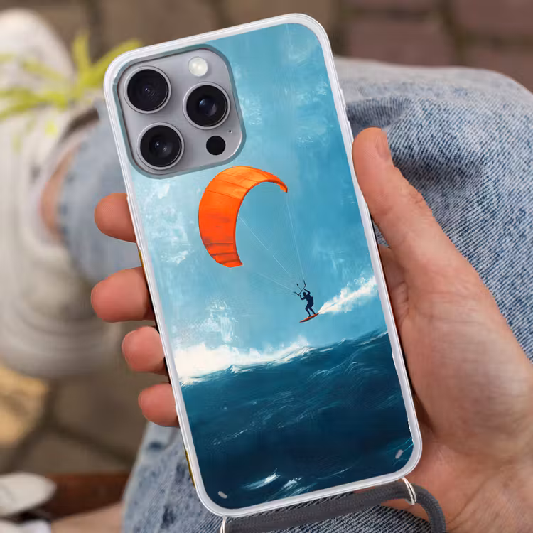 Kitesurfer - Oranje - Zee - Lucht Hoesje iPhone 16 Pro Max met koord klein -sfeer3