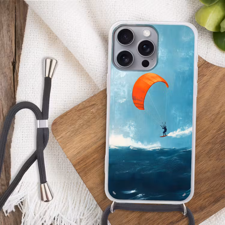 Kitesurfer - Oranje - Zee - Lucht Hoesje iPhone 16 Pro Max met koord klein -sfeer4