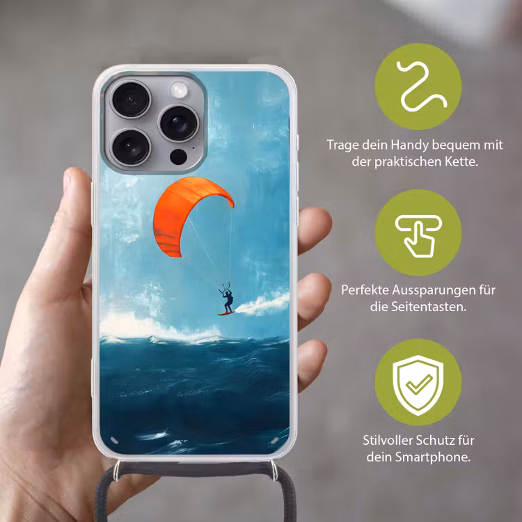 Kitesurfer - Oranje - Zee - Lucht Hoesje iPhone 16 Pro Max met koord klein -sfeer2_DE