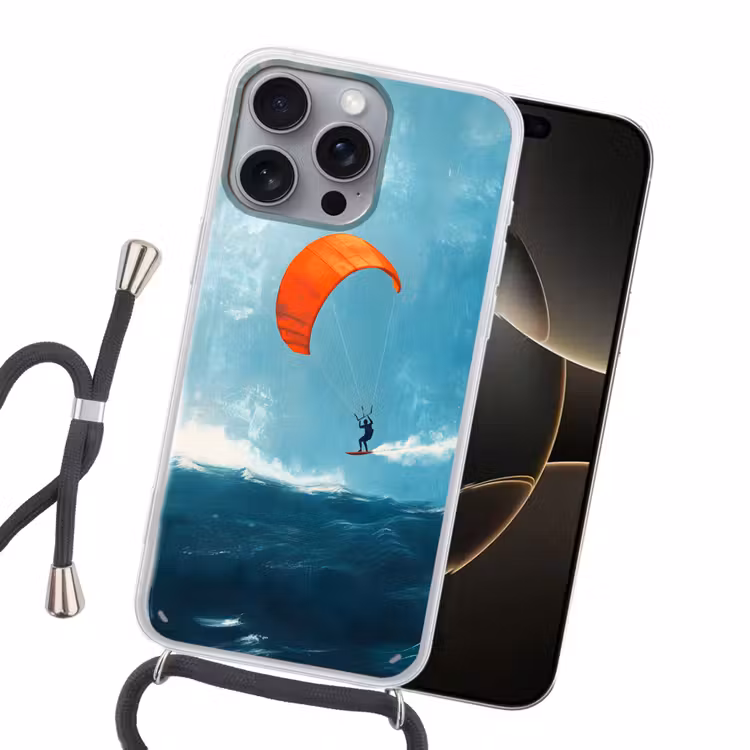 Kitesurfer - Oranje - Zee - Lucht Hoesje iPhone 16 Pro Max met koord klein -sfeer1