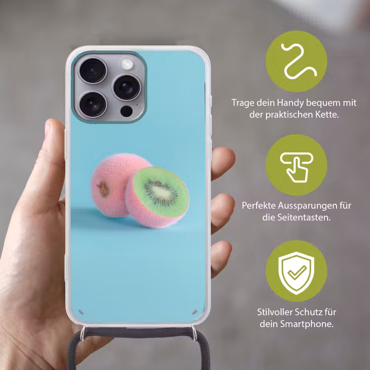 Kiwi - Blauw - Surrealistisch Hoesje iPhone 16 Pro Max met koord klein -sfeer2_DE