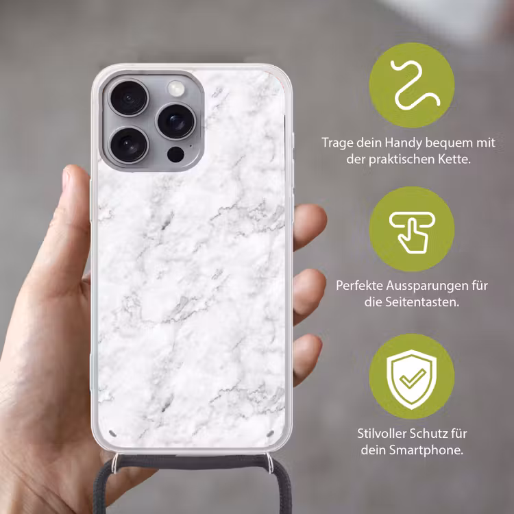 Klassiek - Marmer - Aders - Grijs Hoesje iPhone 16 Pro Max met koord klein 804 -sfeer2_DE