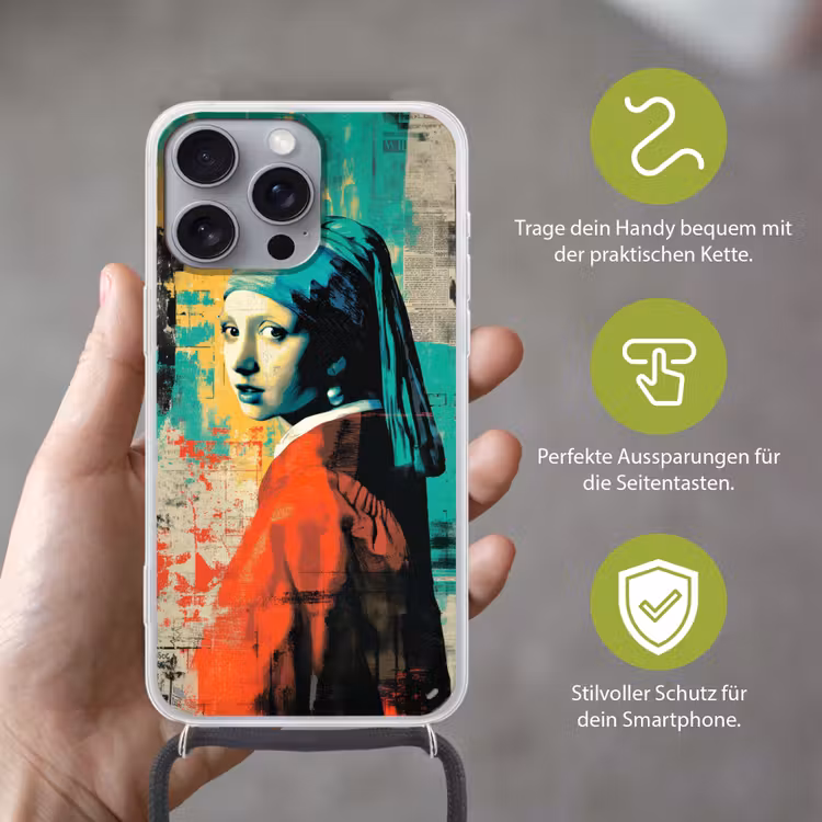 Klassiek - Pareloorbel - Streetartstijl - Kleurrijk Hoesje iPhone 16 Pro Max met koord klein -sfeer2_DE