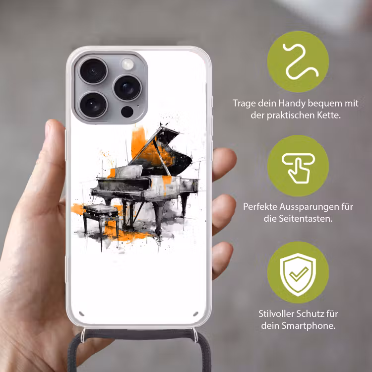 Piano - Oranje - Zwart - schets lijnen Hoesje iPhone 16 Pro Max met koord klein -sfeer2_DE