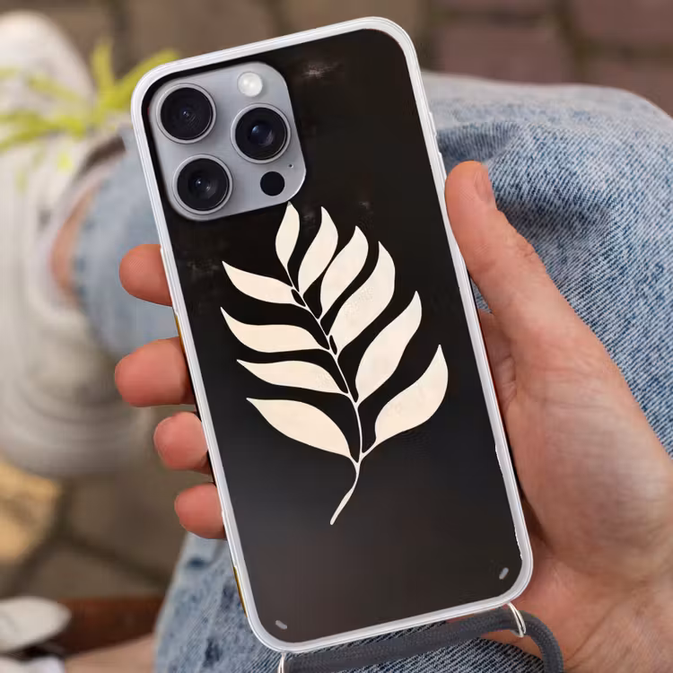 Blad - Wit - Minimalistisch Hoesje iPhone 16 Pro Max met koord klein -sfeer3