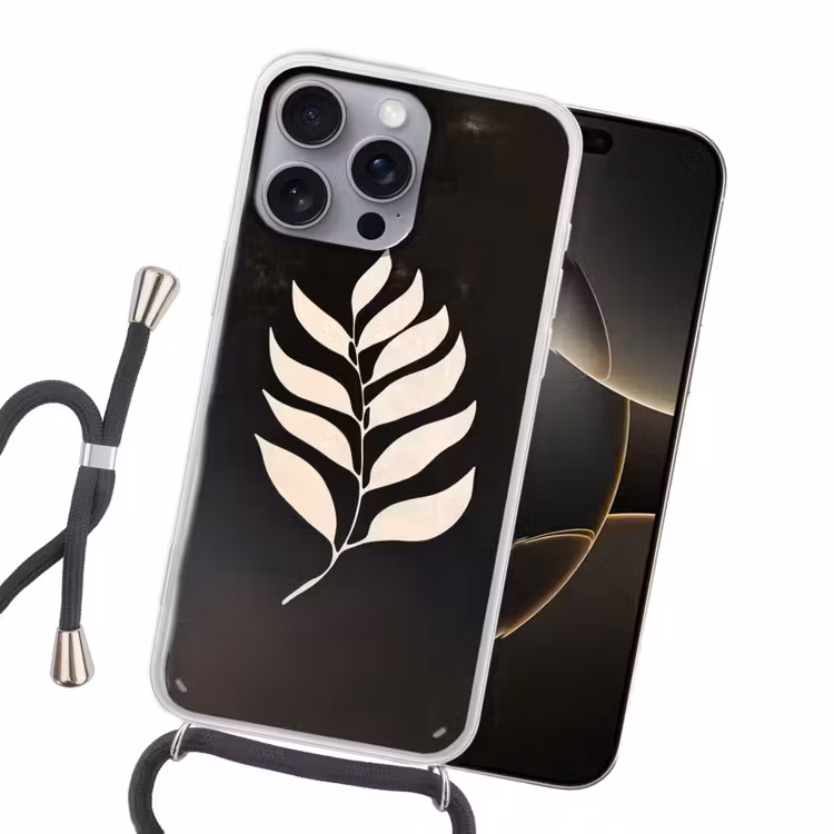 Blad - Wit - Minimalistisch Hoesje iPhone 16 Pro Max met koord klein -sfeer1