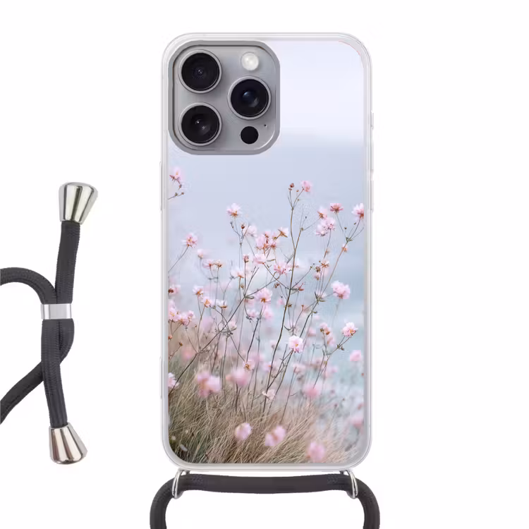 Klif - Bloemen - Zee - Roze Hoesje iPhone 16 Pro Max met koord klein -3d