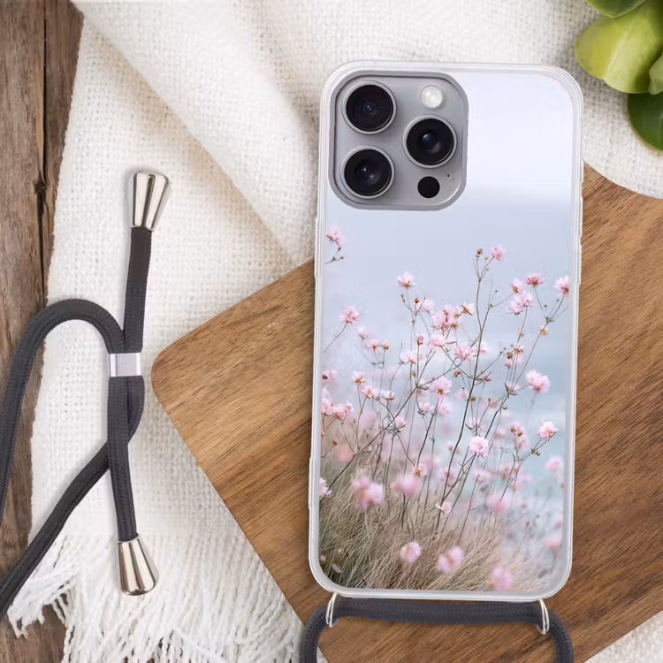 Klif - Bloemen - Zee - Roze Hoesje iPhone 16 Pro Max met koord klein -sfeer4