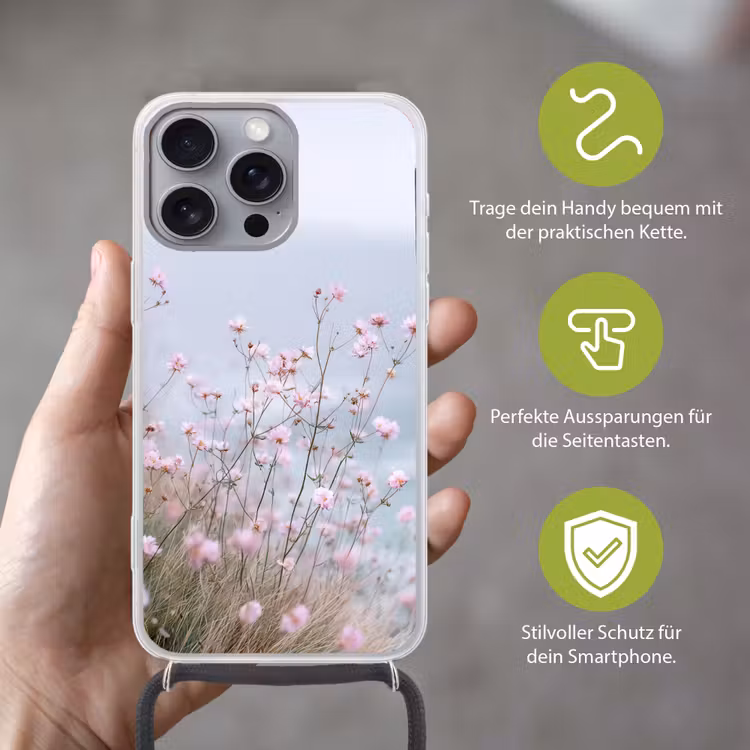 Klif - Bloemen - Zee - Roze Hoesje iPhone 16 Pro Max met koord klein -sfeer2_DE