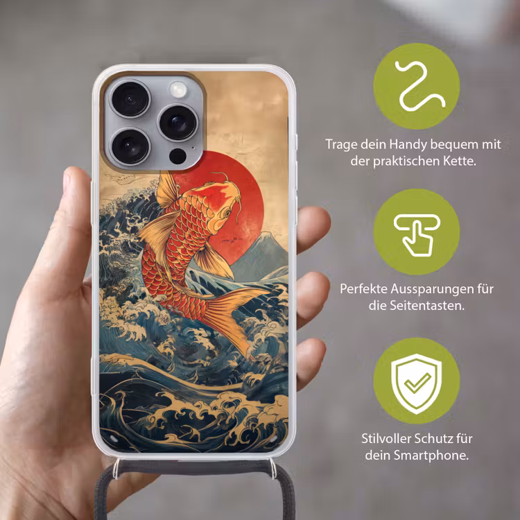 Koi - Zee - Golven - Zon Hoesje iPhone 16 Pro Max met koord klein -sfeer2_DE