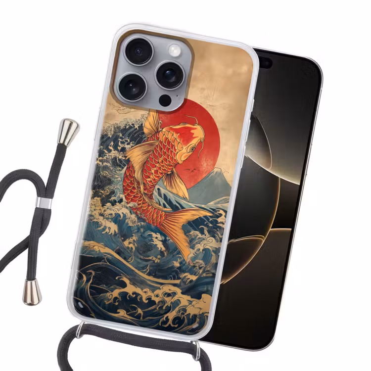 Koi - Zee - Golven - Zon Hoesje iPhone 16 Pro Max met koord klein -sfeer1