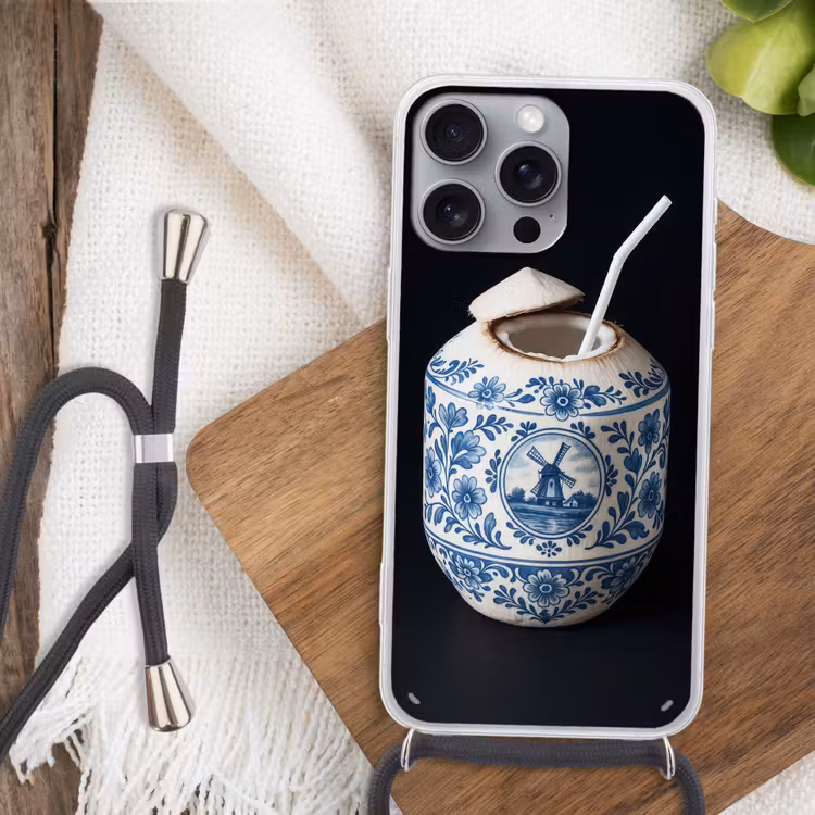 Kokosnoot - Eten - Delfts blauw - Drinken Hoesje iPhone 16 Pro Max met koord klein -sfeer4