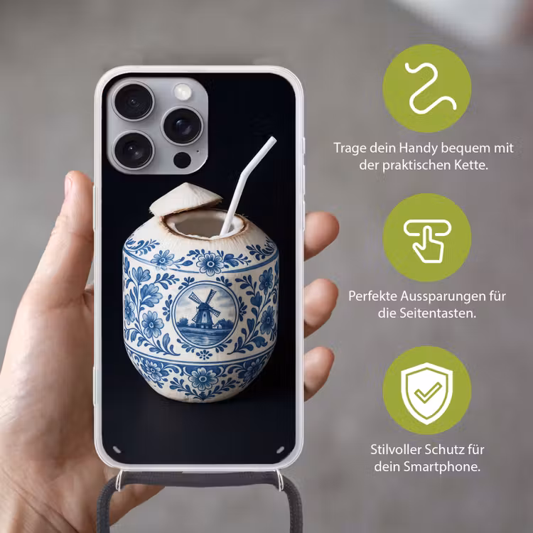 Kokosnoot - Eten - Delfts blauw - Drinken Hoesje iPhone 16 Pro Max met koord klein -sfeer2_DE