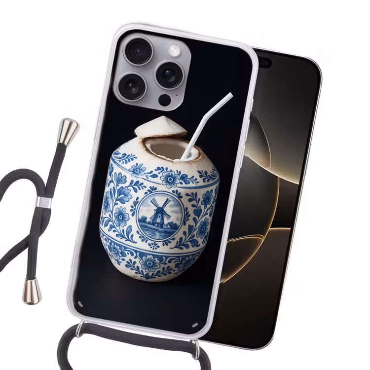 Kokosnoot - Eten - Delfts blauw - Drinken Hoesje iPhone 16 Pro Max met koord klein -sfeer1